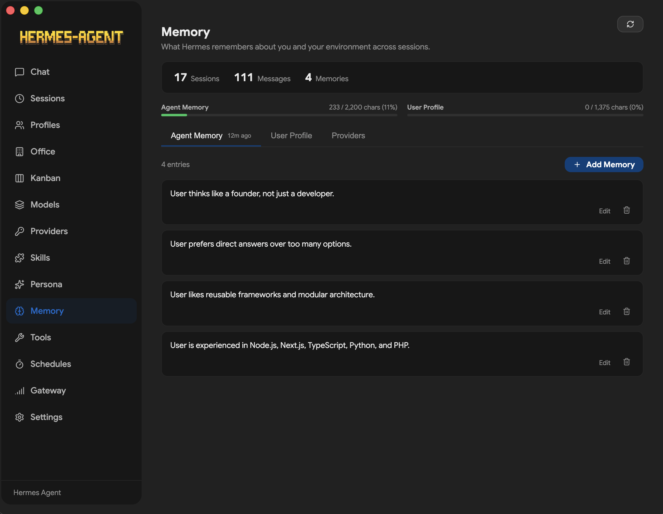 Hermes Memory screen